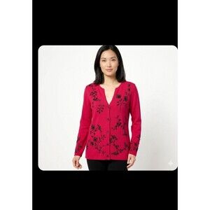 Jones New York Cardigan Embroidered Sequins Red Cherry 2x Elegant Casual